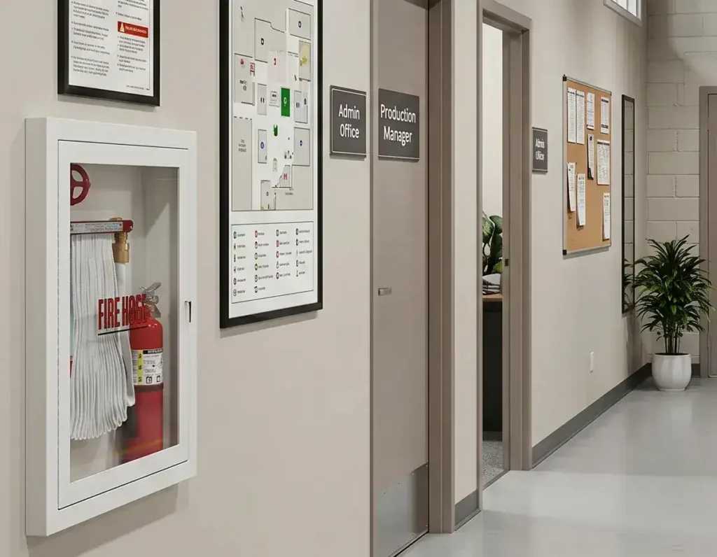 fire extinguisher and hose reel cabinet in a hallway